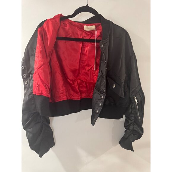 Choosy Womens Black Satin Bomber Jacket Size 20 With Button Details & Red Lining - Picture 5 of 5